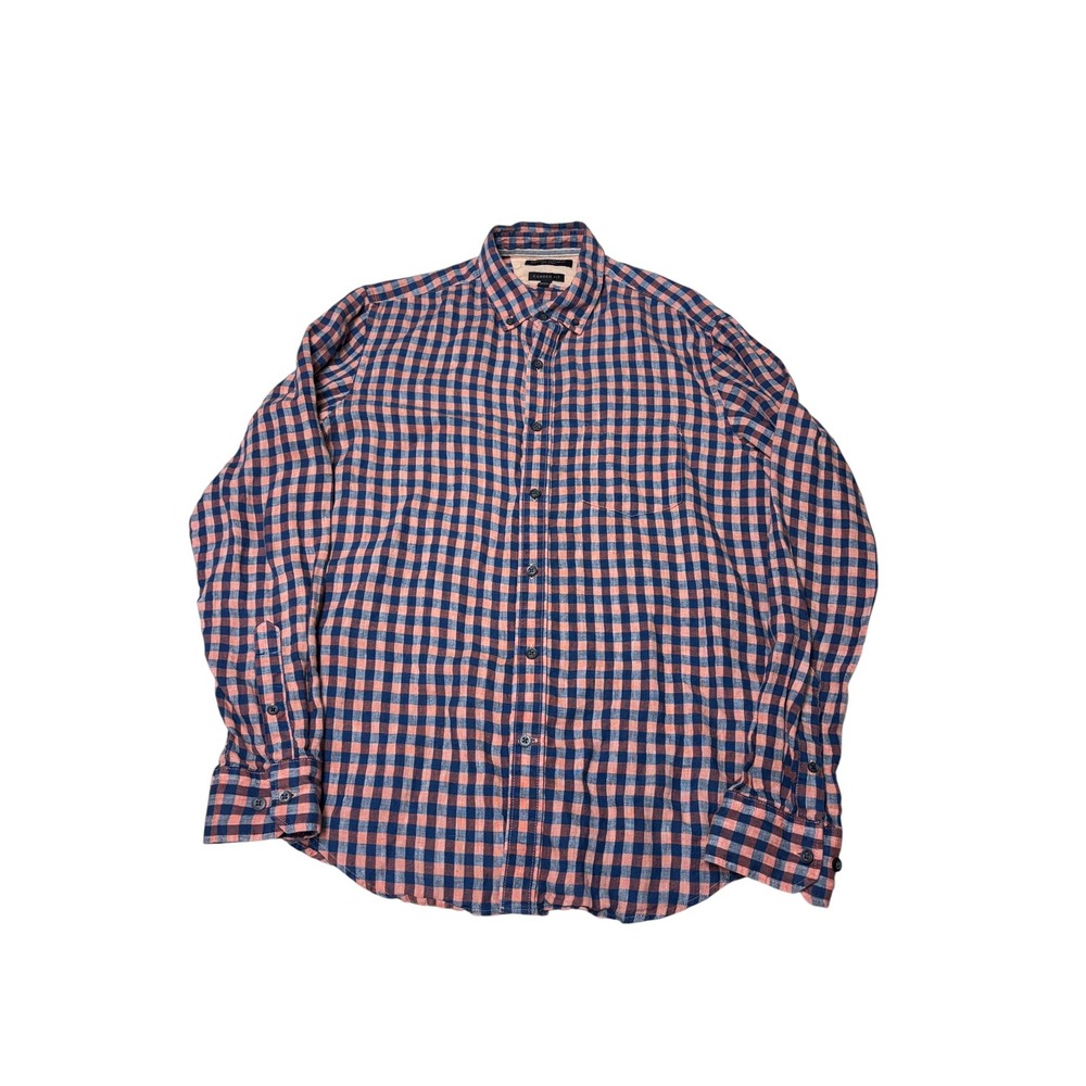 Banana Republic Camden Fit Mens Medium 100% Linen‎ Gingham Shirt Navy Coral Pink